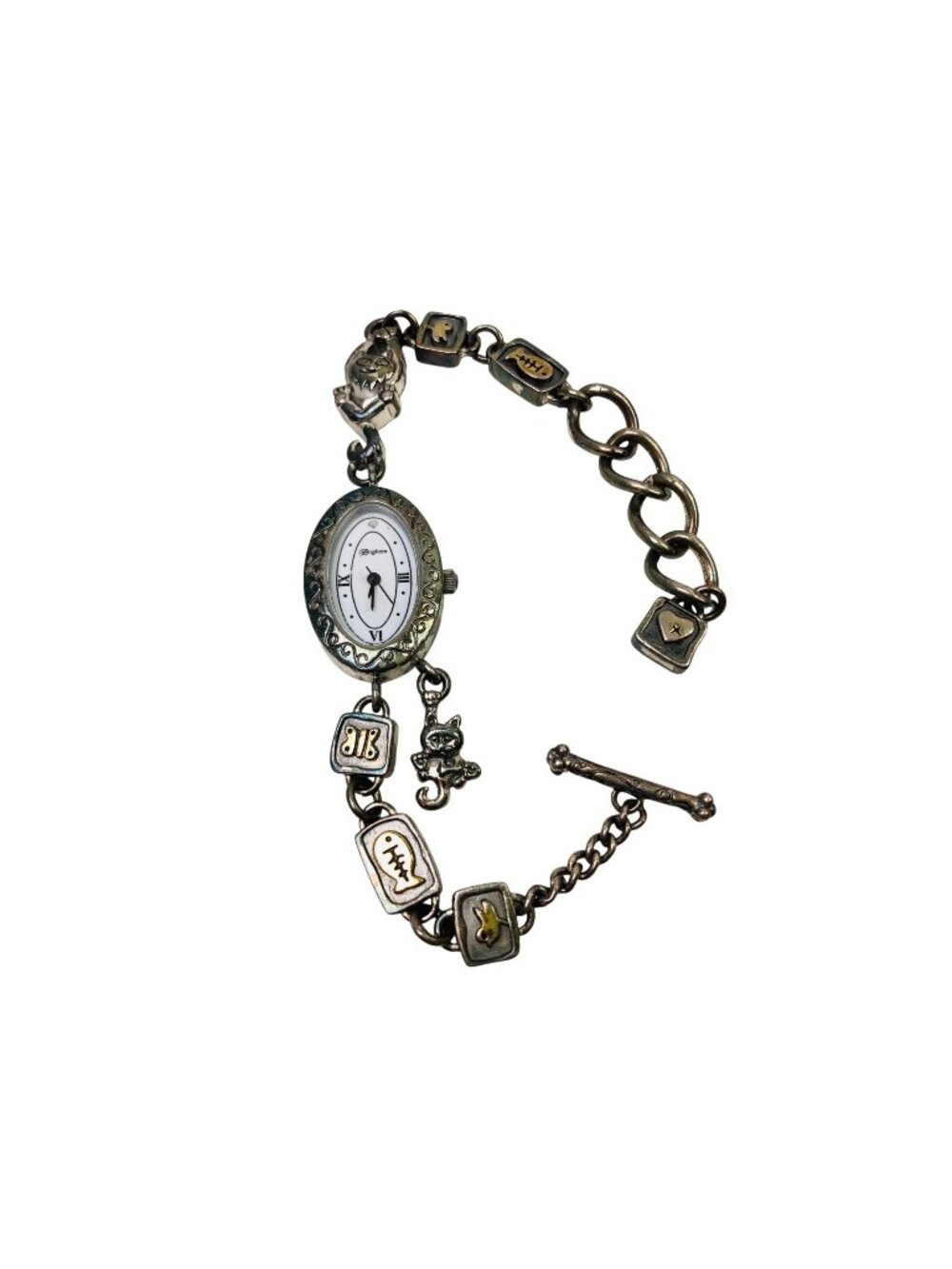 Brighton Pedigree Cat Silver Plated Filigree Chain Roman Women's Round Watch